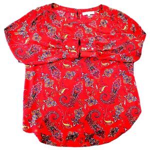 Career Blouse Size XL Red Paisley Long Cuff Sleeve Lightweight Boxy Popover